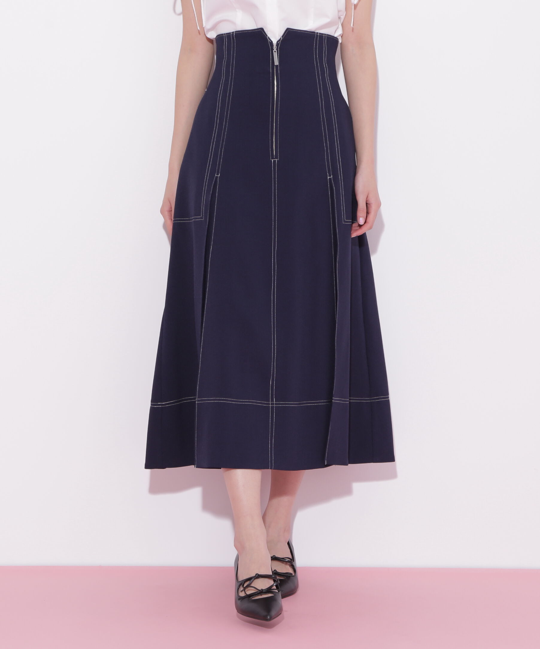  「フロントジップタックスカート」|スカート|ネイビー