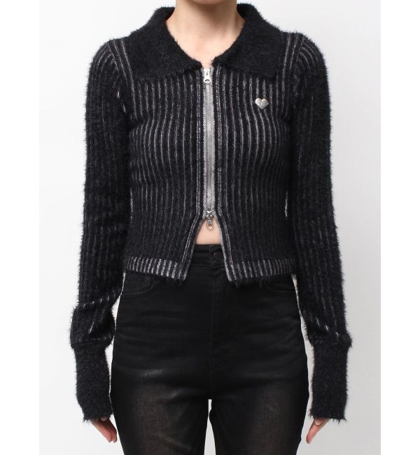 EMODA「シャギープレーティングジップトップス」|ニット・セーター|ブラック