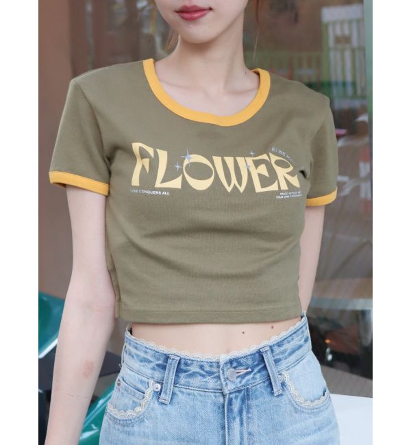 EVRIS「FLOWERストラップクロップドＴシャツ」|Tシャツ・カットソー|カーキ