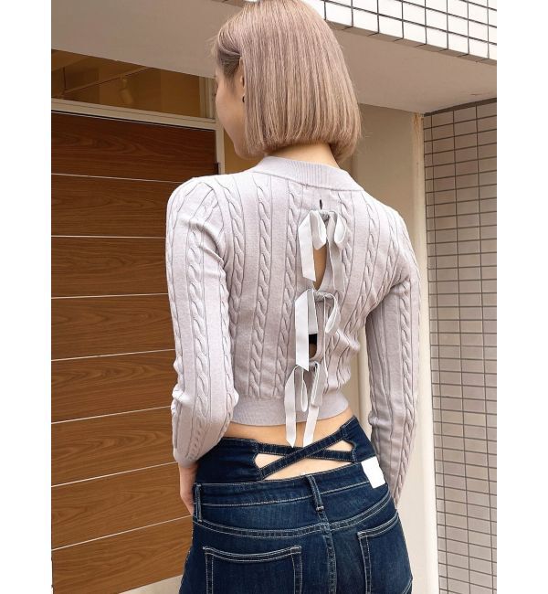 GYDA「BACKリボンケーブル編みニットトップス」|ニット・セーター|グレー