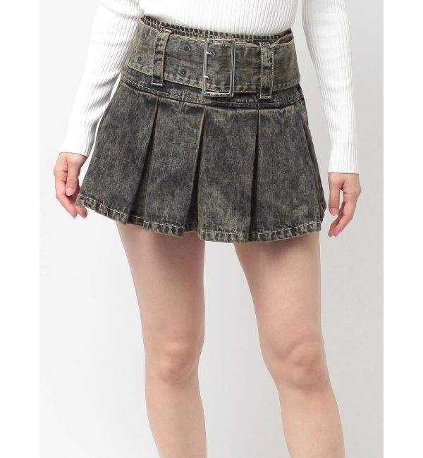 GYDA「ハイウエストWIDE BELTプリーツデニムスカートライクショートパンツ」|スカート|インディゴ