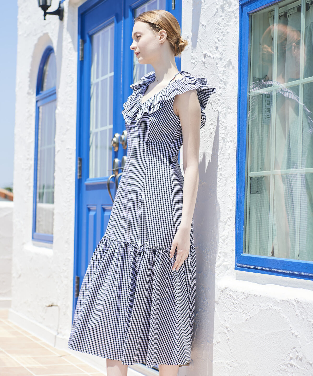 アンドクチュール「ギンガムフリルノースリワンピース」|ワンピース|