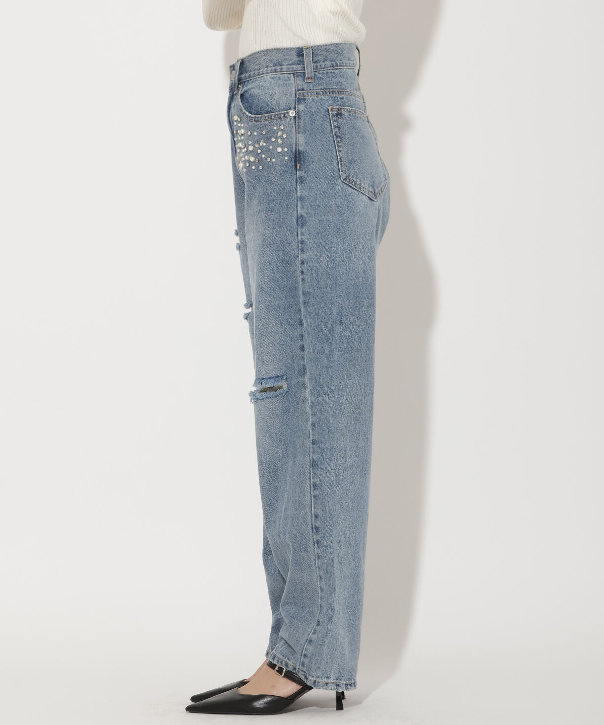 アンドクチュール「パール&times;ビジューダメージデニム」|デニム|