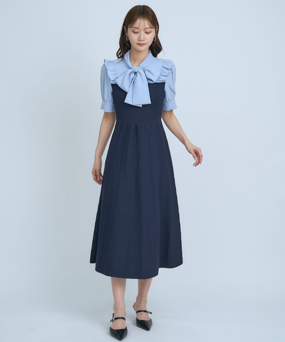 アンドクチュール「ニットビスチェ風ボウタイワンピース」|ワンピース|