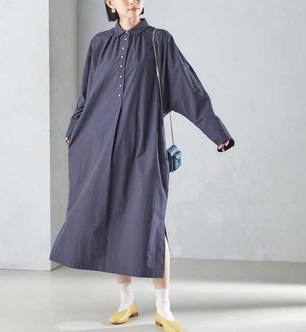 SHIPS for women「〈手洗い可能〉近江晒 タイプライター パールモチーフ ワンピース 24SS ◇」|ワンピース|ネイビー