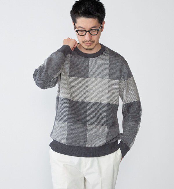 SHIPS「SHIPS:〈手洗い可能〉コットン カシミヤ チェック クルーネック ニット」|ニット・セーター|ダークグレー