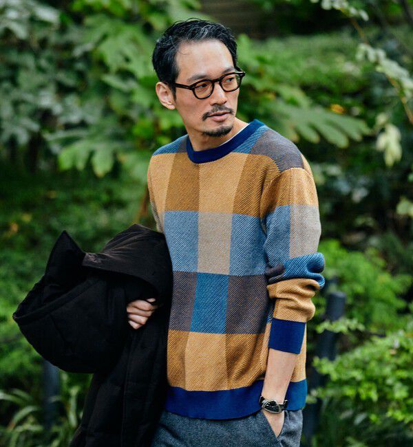 SHIPS「SHIPS:〈手洗い可能〉コットン カシミヤ チェック クルーネック ニット」|ニット・セーター|オレンジ