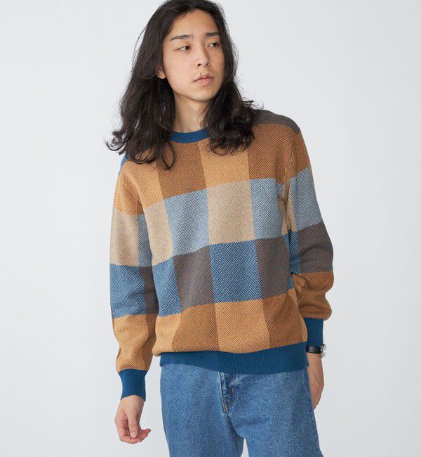 SHIPS「SHIPS:〈手洗い可能〉コットン カシミヤ チェック クルーネック ニット」|ニット・セーター|