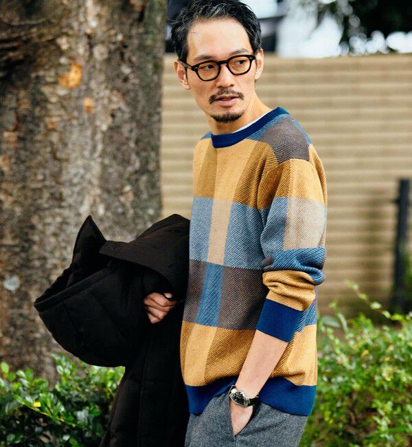 SHIPS「SHIPS:〈手洗い可能〉コットン カシミヤ チェック クルーネック ニット」|ニット・セーター|