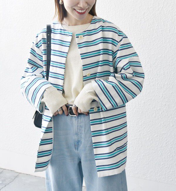 SHIPS any「SHIPS any:キャンバス ボーダー コクーン ノーカラー コート」|ノーカラーコート|オフホワイト