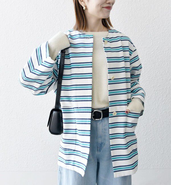 SHIPS any「SHIPS any:キャンバス ボーダー コクーン ノーカラー コート」|ノーカラーコート|