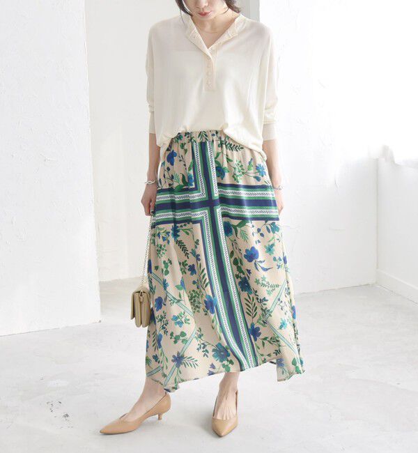 quaranciel「quaranciel: SPRINTEX フラワーパネル柄 スカーフ フレア スカート」|スカート|
