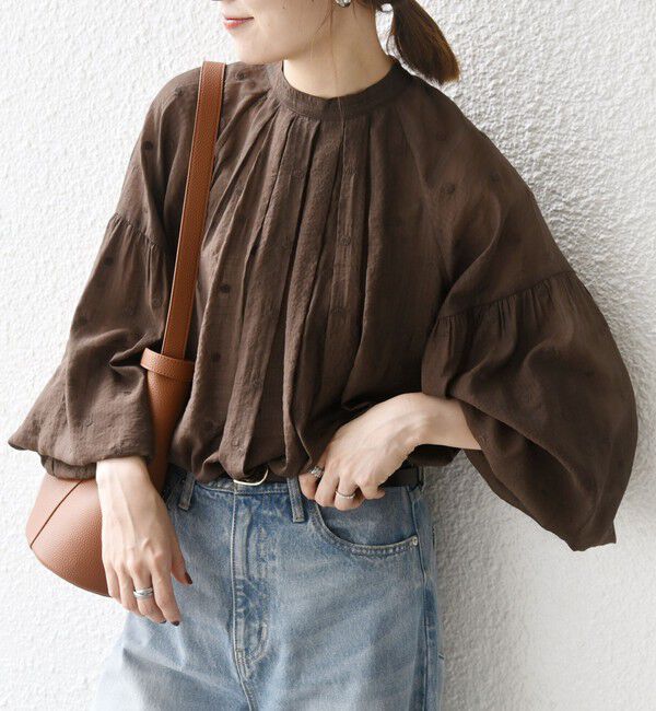 SHIPS any「【WEB限定】SHIPS any:〈手洗い可能〉シアー ドット スタンドカラー パフ ギャザー ブラウス」|シャツ・ブラウス|