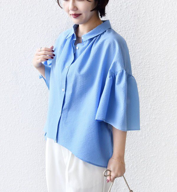 SHIPS for women「【WEB限定】〈手洗い可能〉サッカー ギャザー シャツ 羽織」|シャツ・ブラウス|スカイブルー