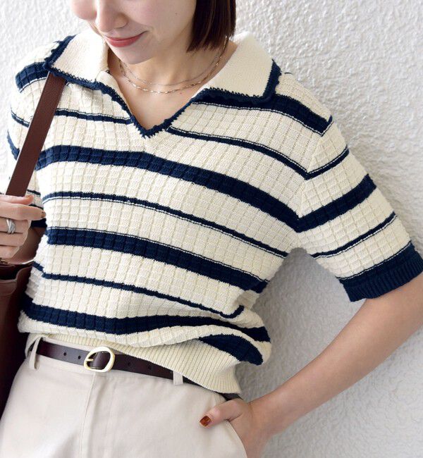 SHIPS any「SHIPS any:〈手洗い可能〉バスケット編み 配色 マルチボーダー ポロ ニット」|ニット・セーター|オフホワイト