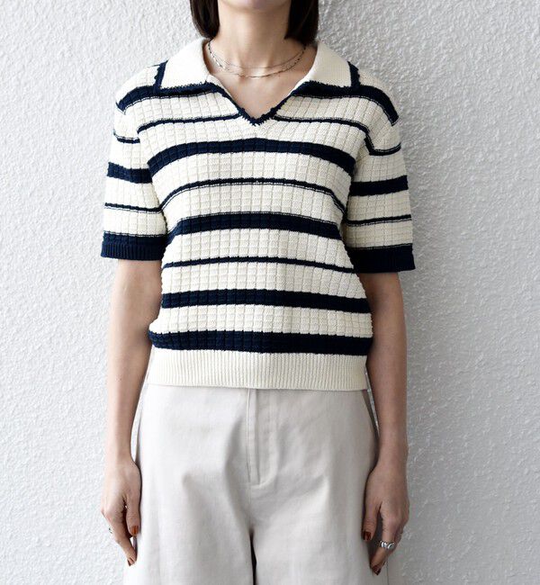 SHIPS any「SHIPS any:〈手洗い可能〉バスケット編み 配色 マルチボーダー ポロ ニット」|ニット・セーター|