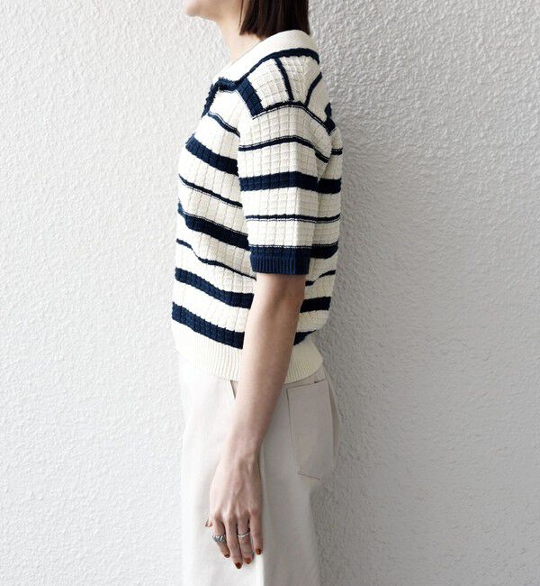 SHIPS any「SHIPS any:〈手洗い可能〉バスケット編み 配色 マルチボーダー ポロ ニット」|ニット・セーター|