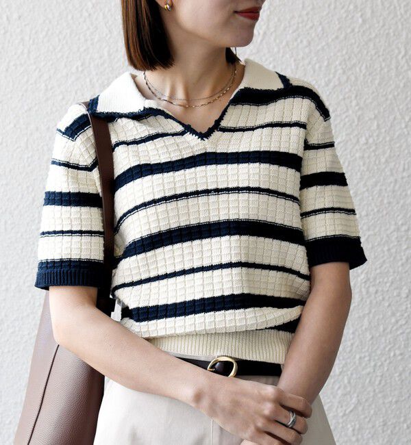 SHIPS any「SHIPS any:〈手洗い可能〉バスケット編み 配色 マルチボーダー ポロ ニット」|ニット・セーター|