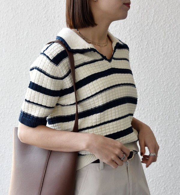 SHIPS any「SHIPS any:〈手洗い可能〉バスケット編み 配色 マルチボーダー ポロ ニット」|ニット・セーター|
