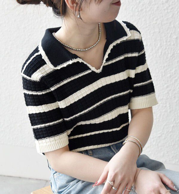 SHIPS any「SHIPS any:〈手洗い可能〉バスケット編み 配色 マルチボーダー ポロ ニット」|ニット・セーター|