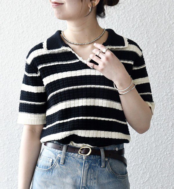 SHIPS any「SHIPS any:〈手洗い可能〉バスケット編み 配色 マルチボーダー ポロ ニット」|ニット・セーター|