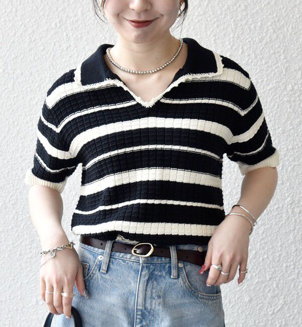 SHIPS any「SHIPS any:〈手洗い可能〉バスケット編み 配色 マルチボーダー ポロ ニット」|ニット・セーター|