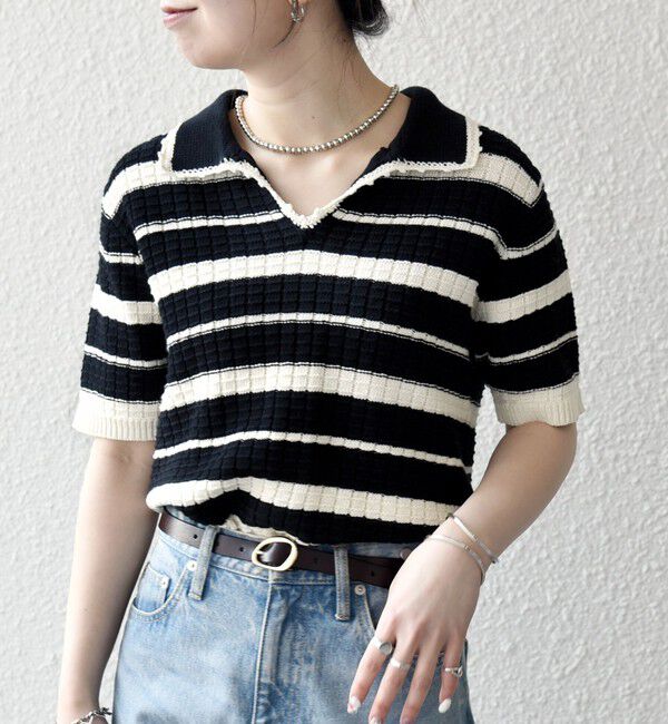 SHIPS any「SHIPS any:〈手洗い可能〉バスケット編み 配色 マルチボーダー ポロ ニット」|ニット・セーター|