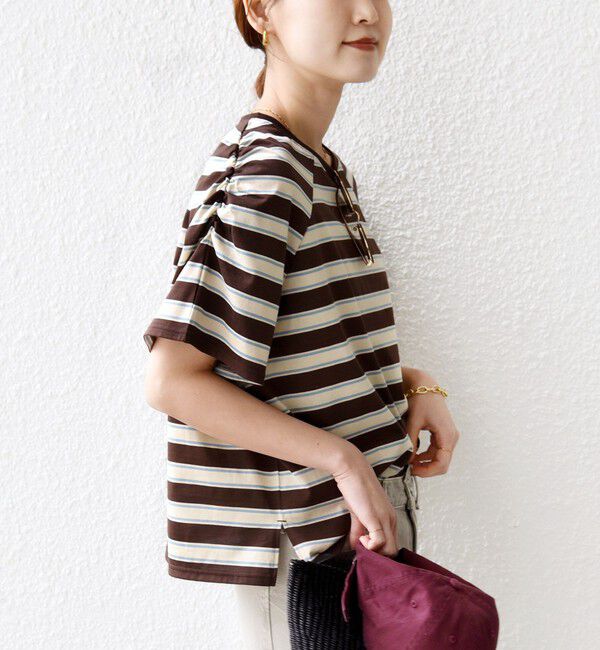 SHIPS for women「〈手洗い可能〉ボーダー / ソリッド 袖ギャザー ショートスリーブ プルオーバー」|Tシャツ・カットソー|