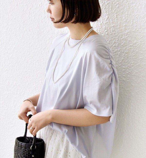 SHIPS for women「〈手洗い可能〉ボーダー / ソリッド 袖ギャザー ショートスリーブ プルオーバー」|Tシャツ・カットソー|ライトブルー