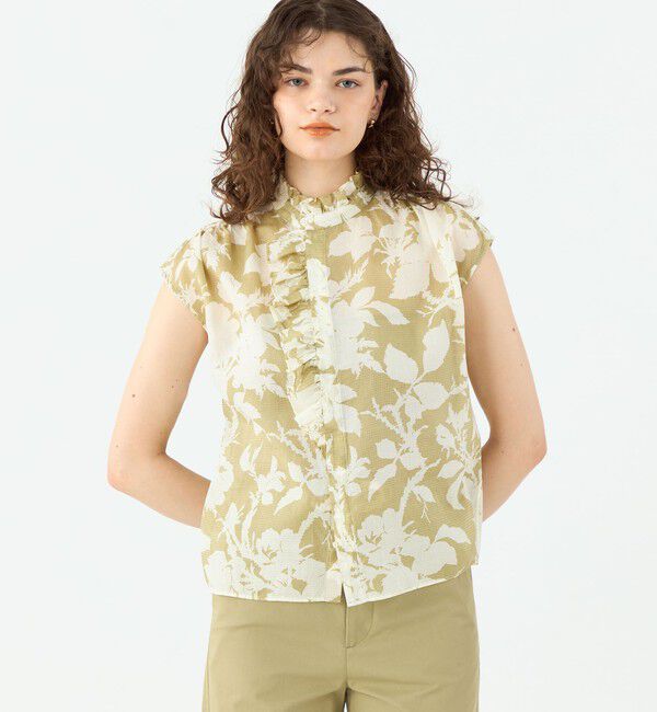 SOULEIADO「コットンリネンプリント フリルネックブラウス」|シャツ・ブラウス|