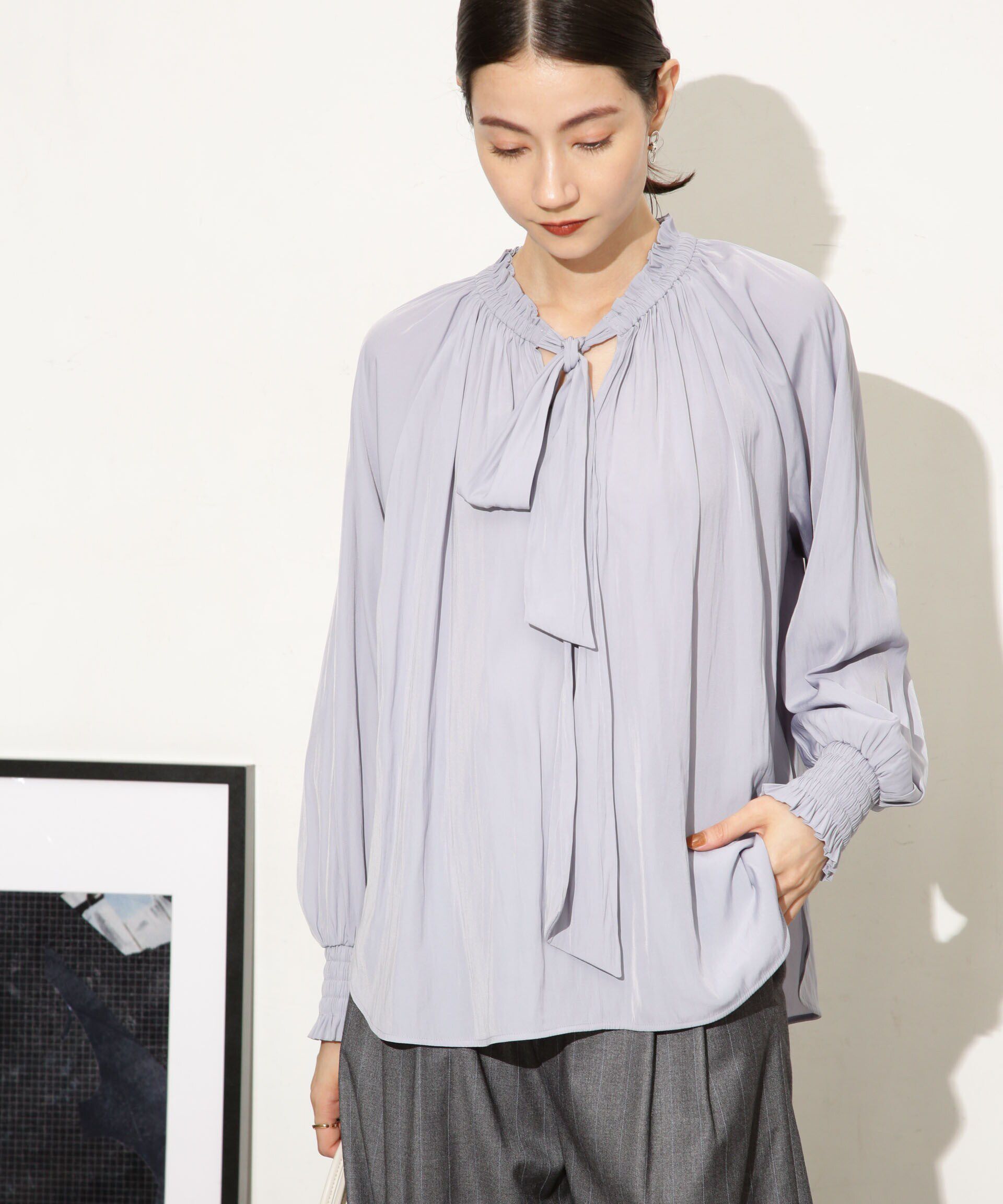 nano･universe「ギャザーネックボウタイブラウス」|シャツ・ブラウス|L.ブルー1