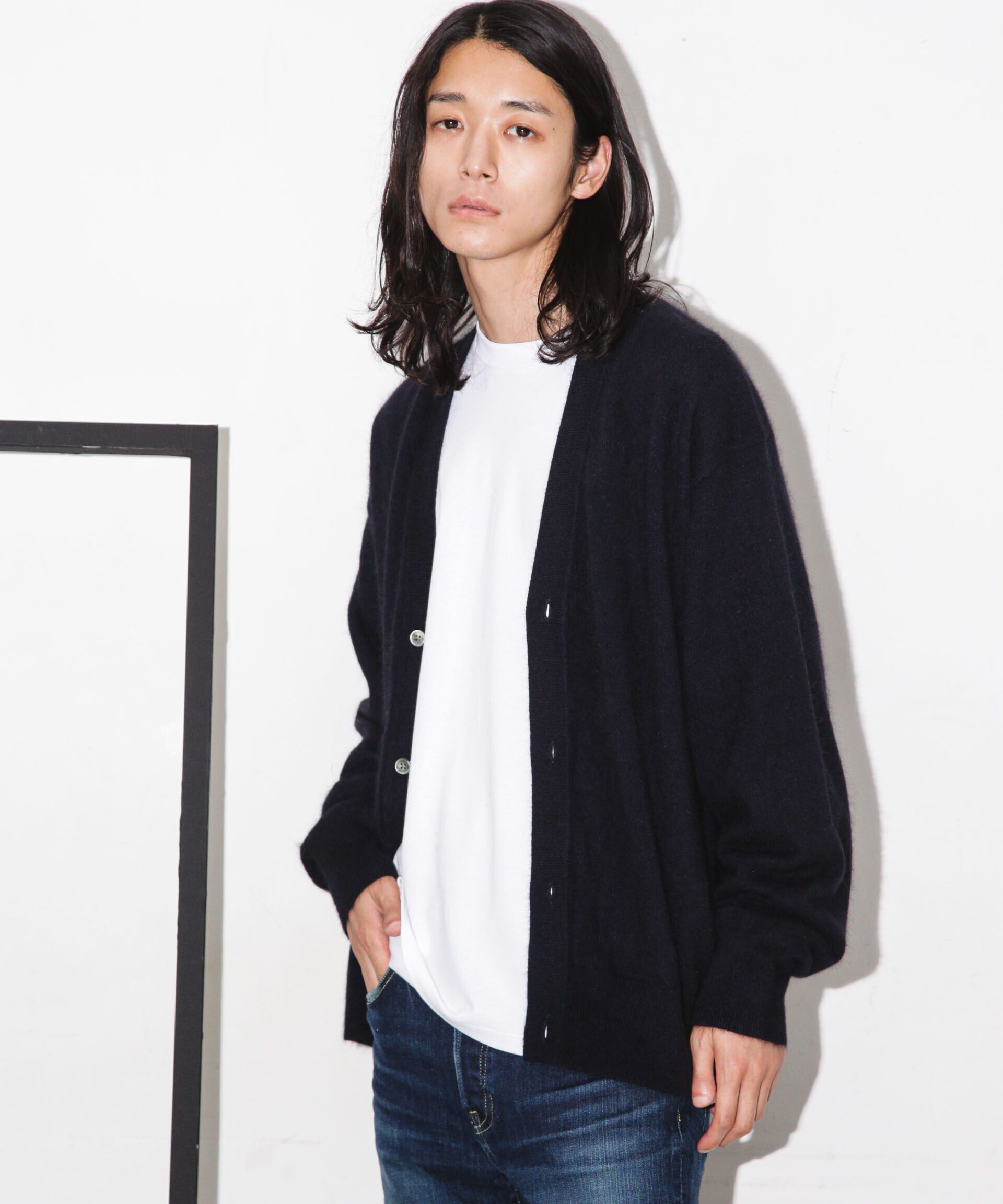 nano･universe「ヘアリーハイゲージＶネックカーディガン」|ニット・セーター|D.ネイビー1