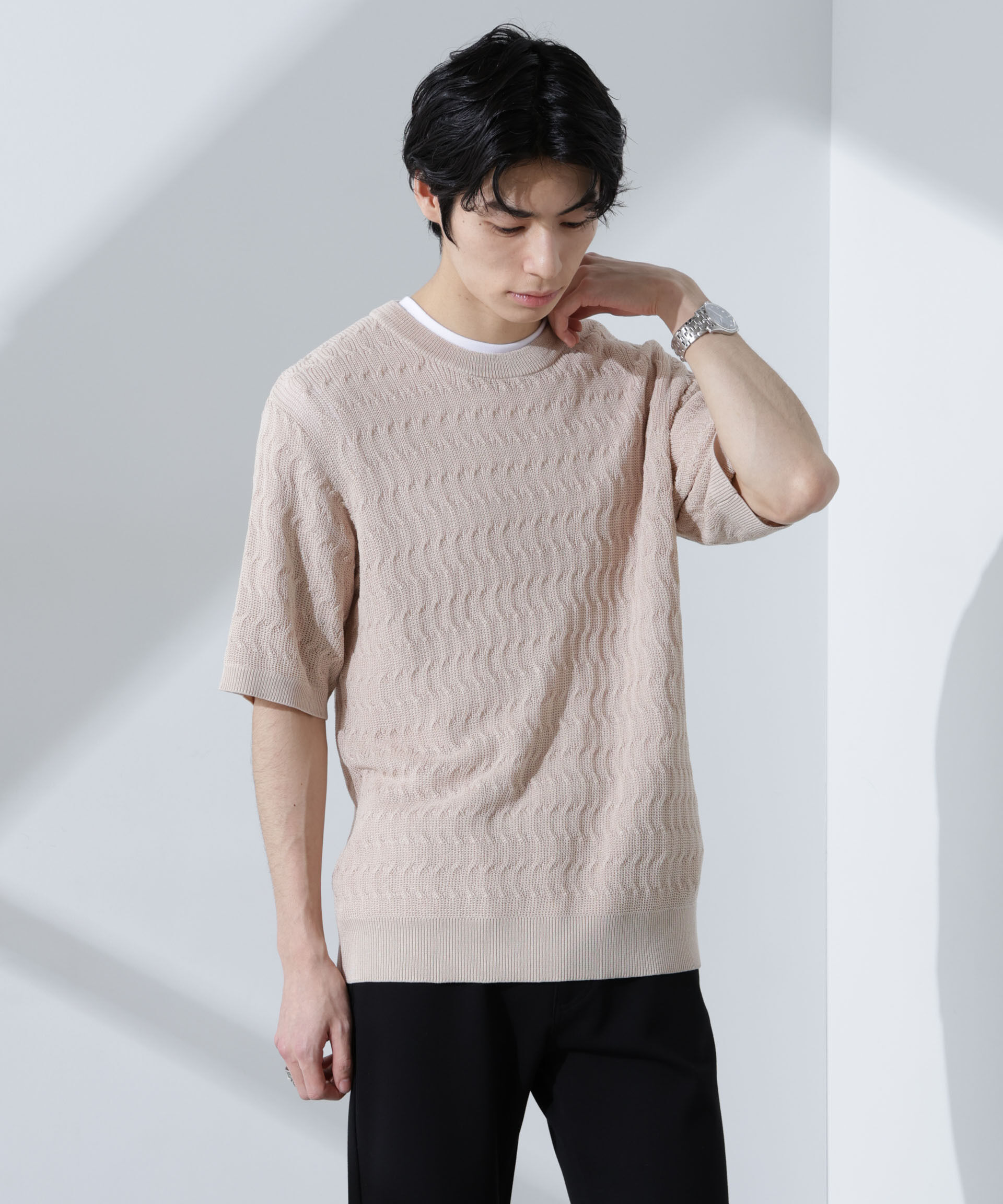 nano･universe「柄編みクルーネックニット 半袖」|ニット・セーター|