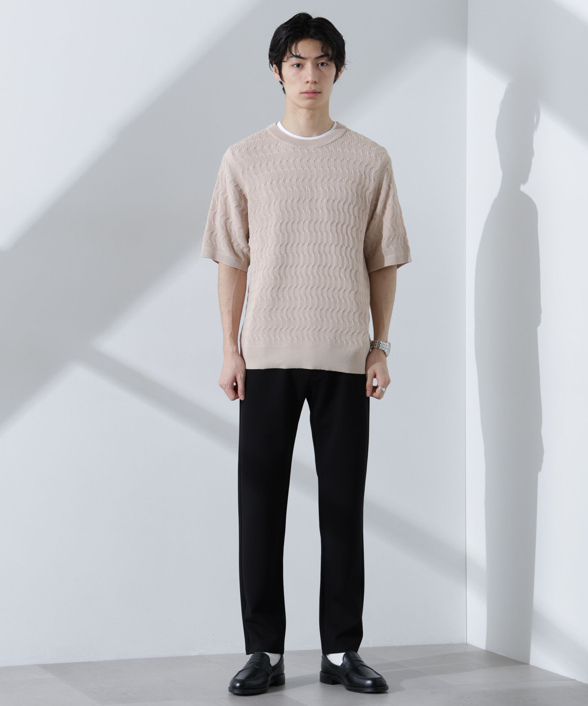 nano･universe「柄編みクルーネックニット 半袖」|ニット・セーター|