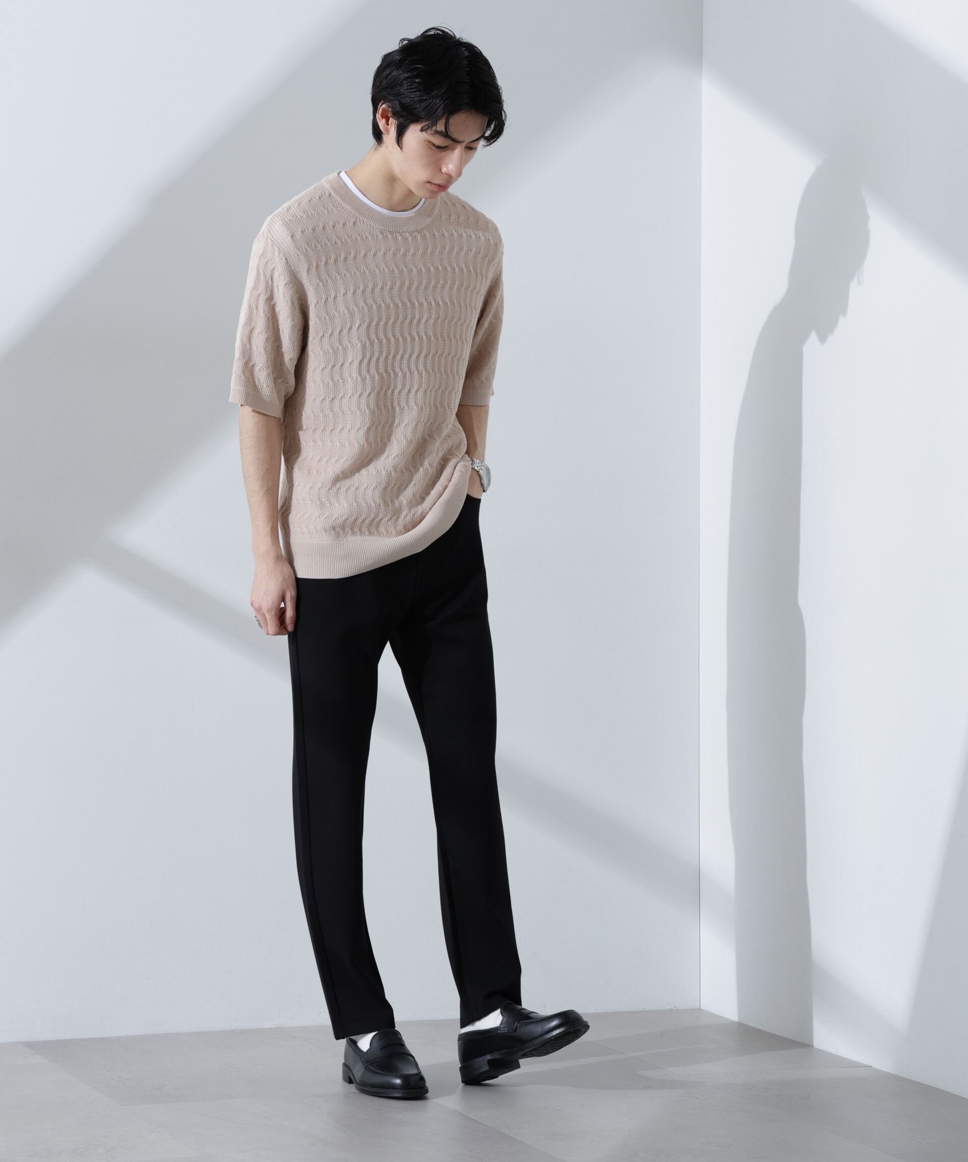 nano･universe「柄編みクルーネックニット 半袖」|ニット・セーター|