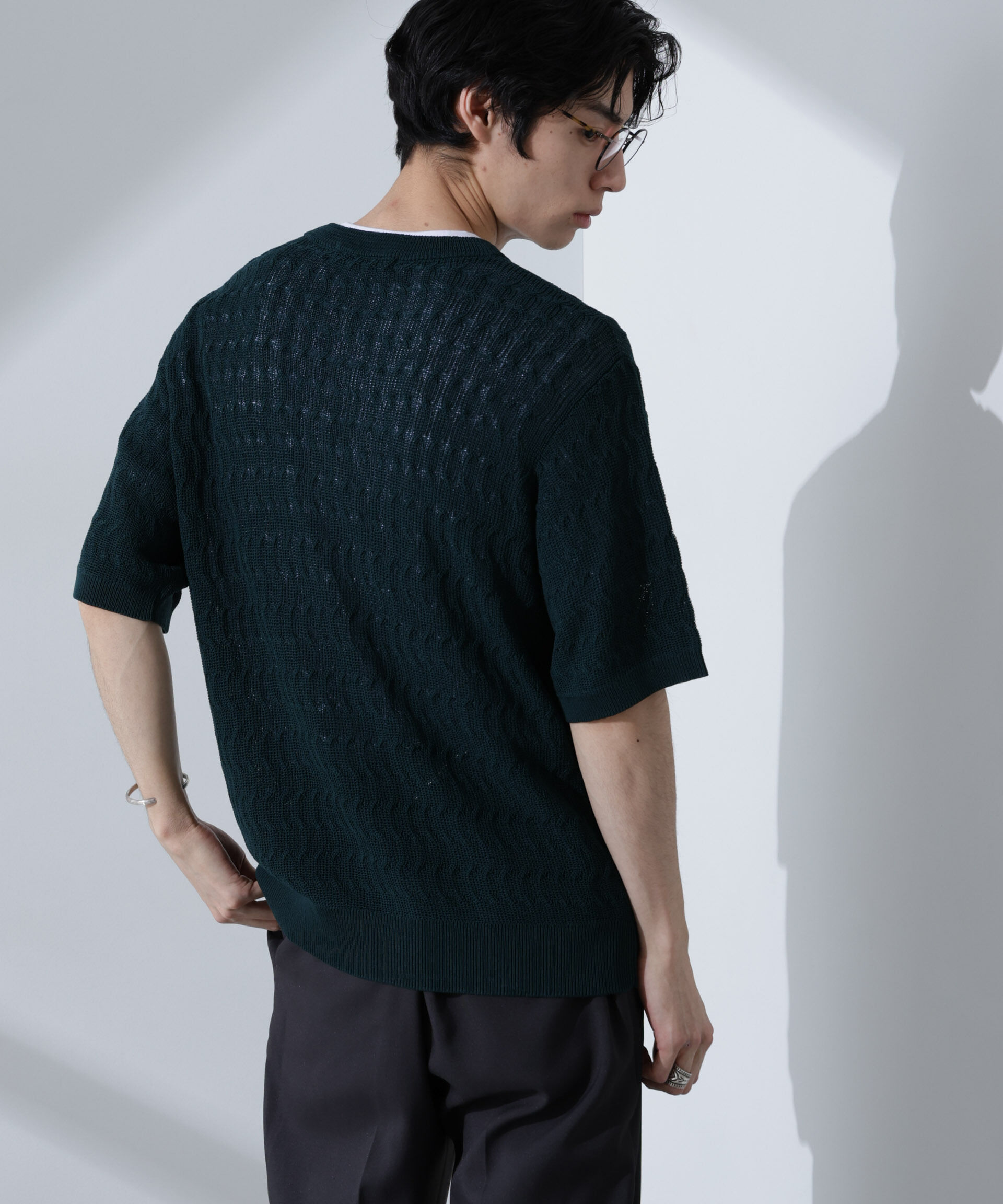 nano･universe「柄編みクルーネックニット 半袖」|ニット・セーター|