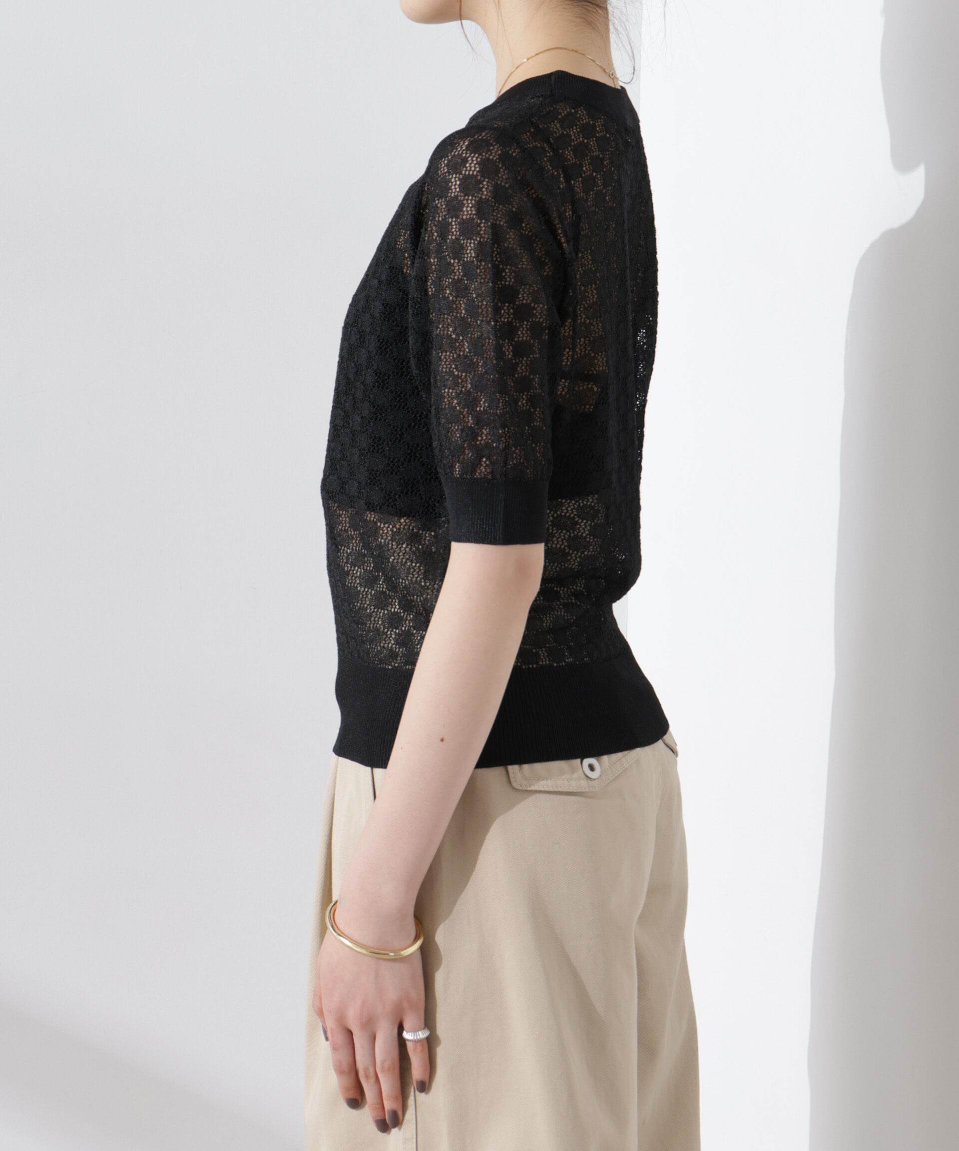 nano･universe「レース柄クルーネック半袖ニット」|ニット・セーター|