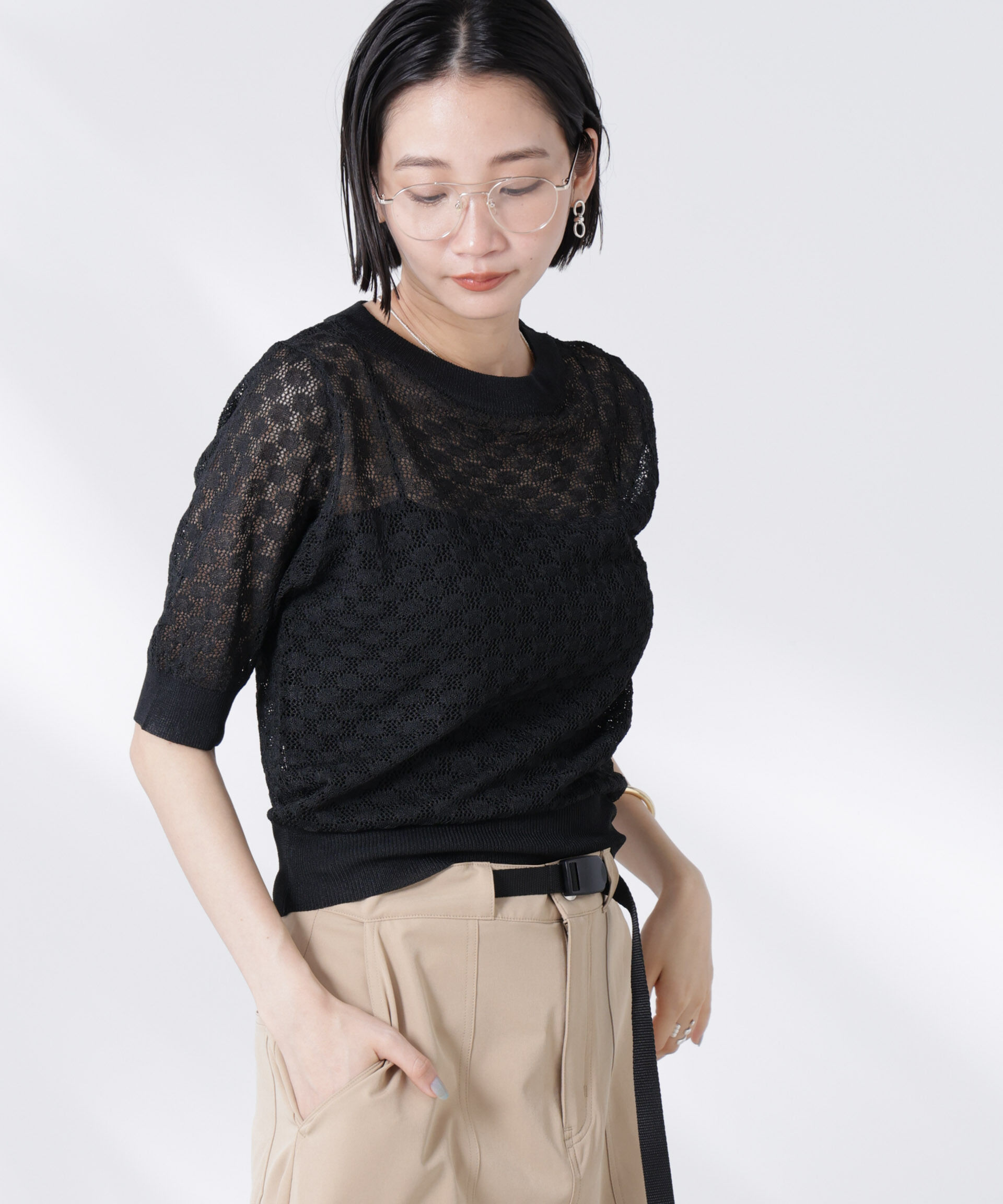 nano･universe「レース柄クルーネック半袖ニット」|ニット・セーター|