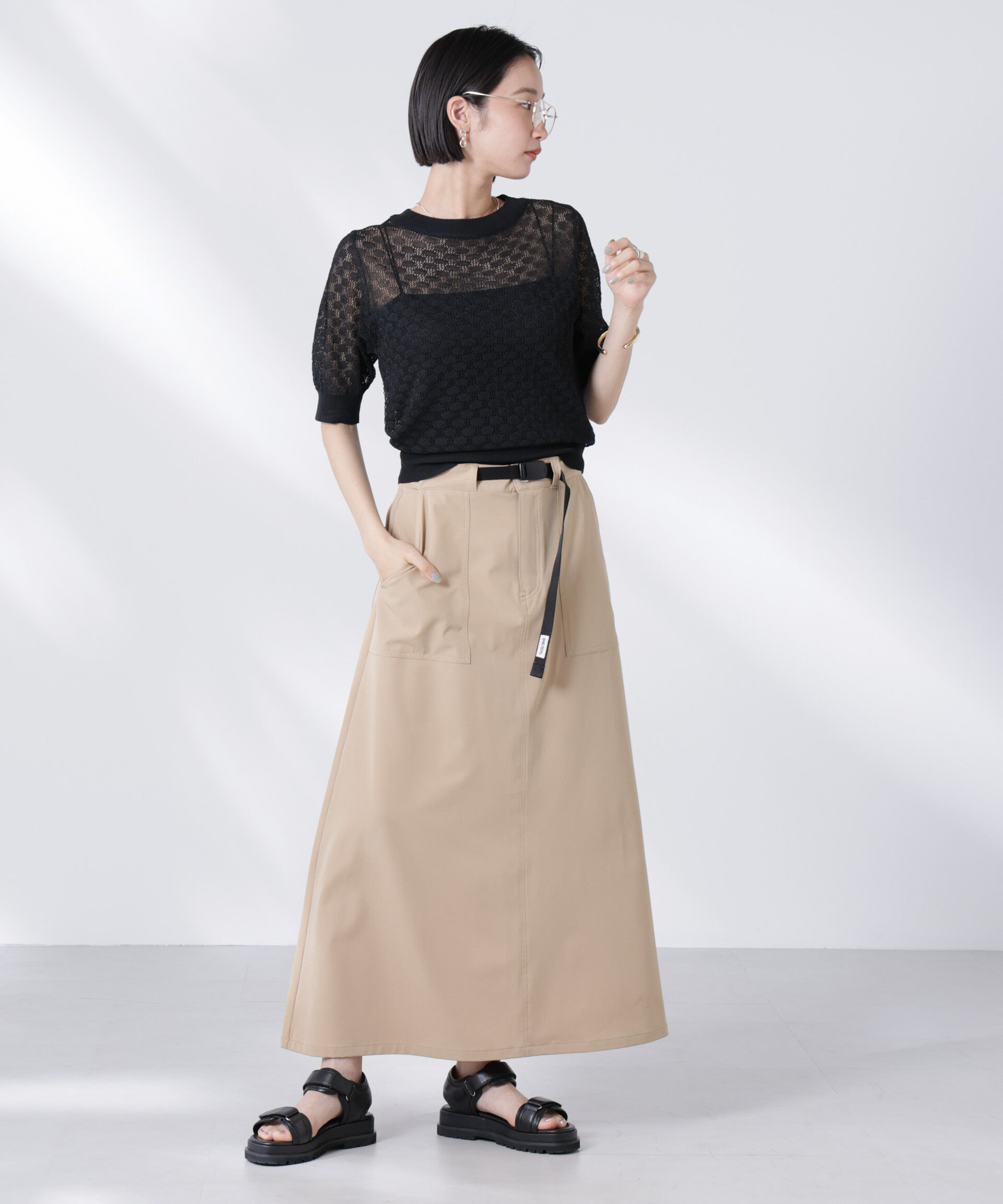 nano･universe「レース柄クルーネック半袖ニット」|ニット・セーター|