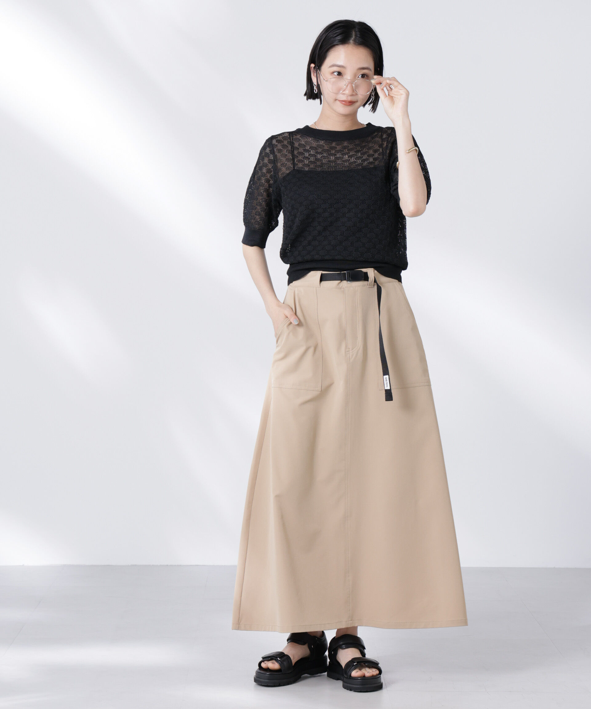 nano･universe「レース柄クルーネック半袖ニット」|ニット・セーター|