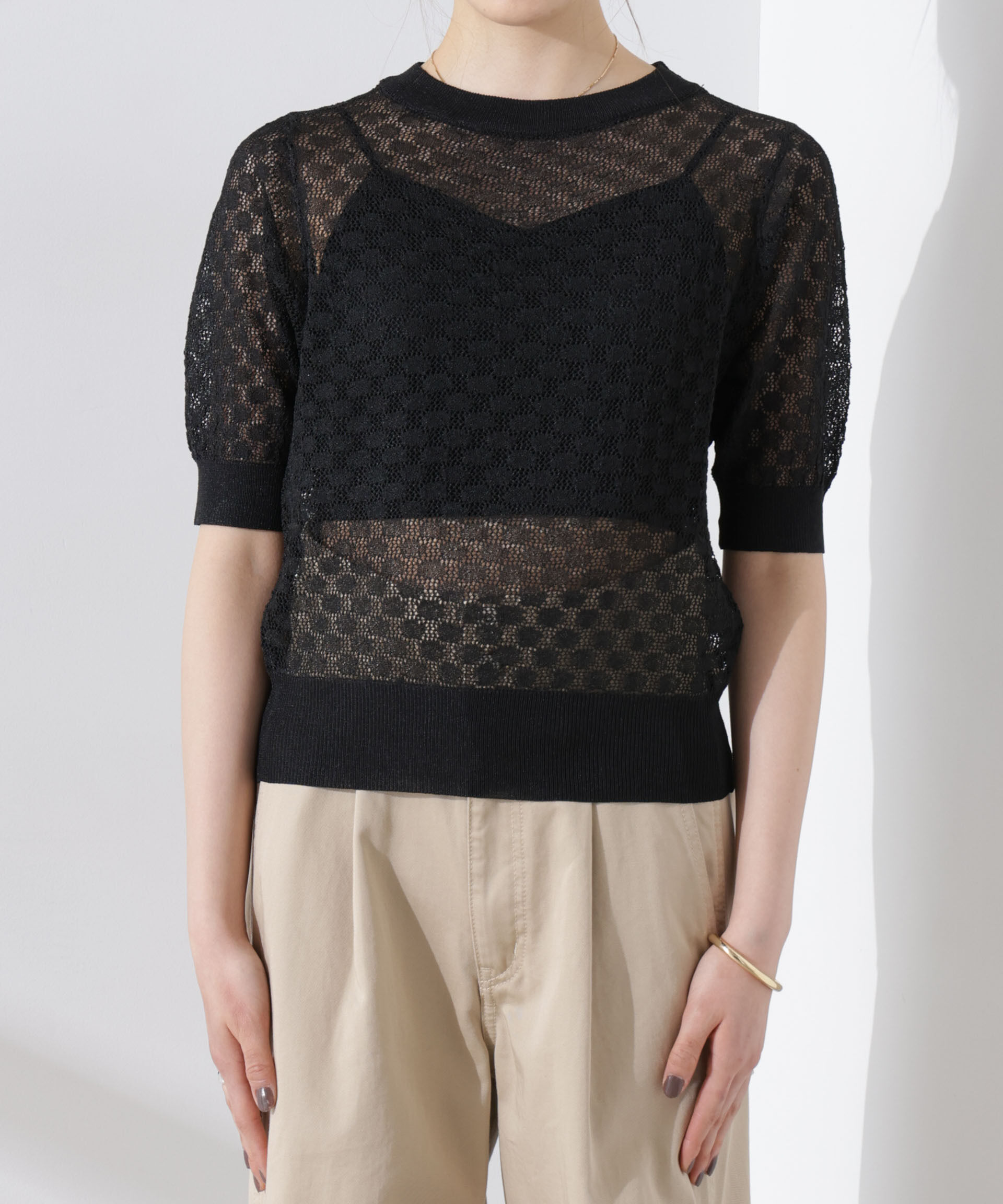 nano･universe「レース柄クルーネック半袖ニット」|ニット・セーター|