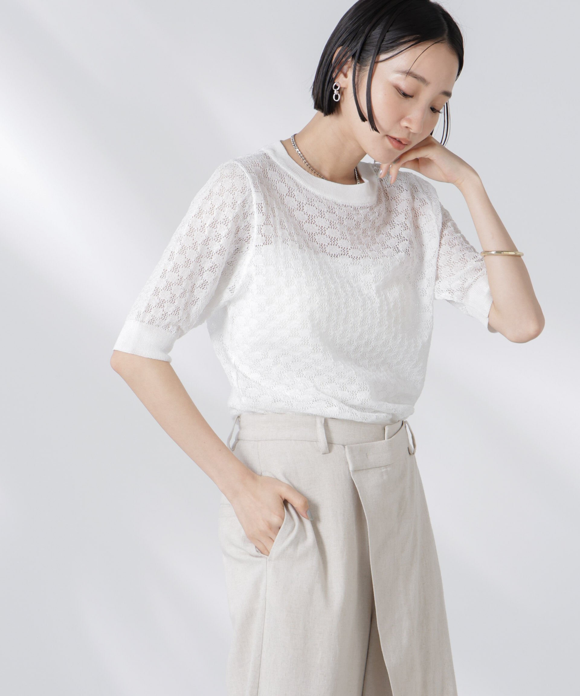 nano･universe「レース柄クルーネック半袖ニット」|ニット・セーター|