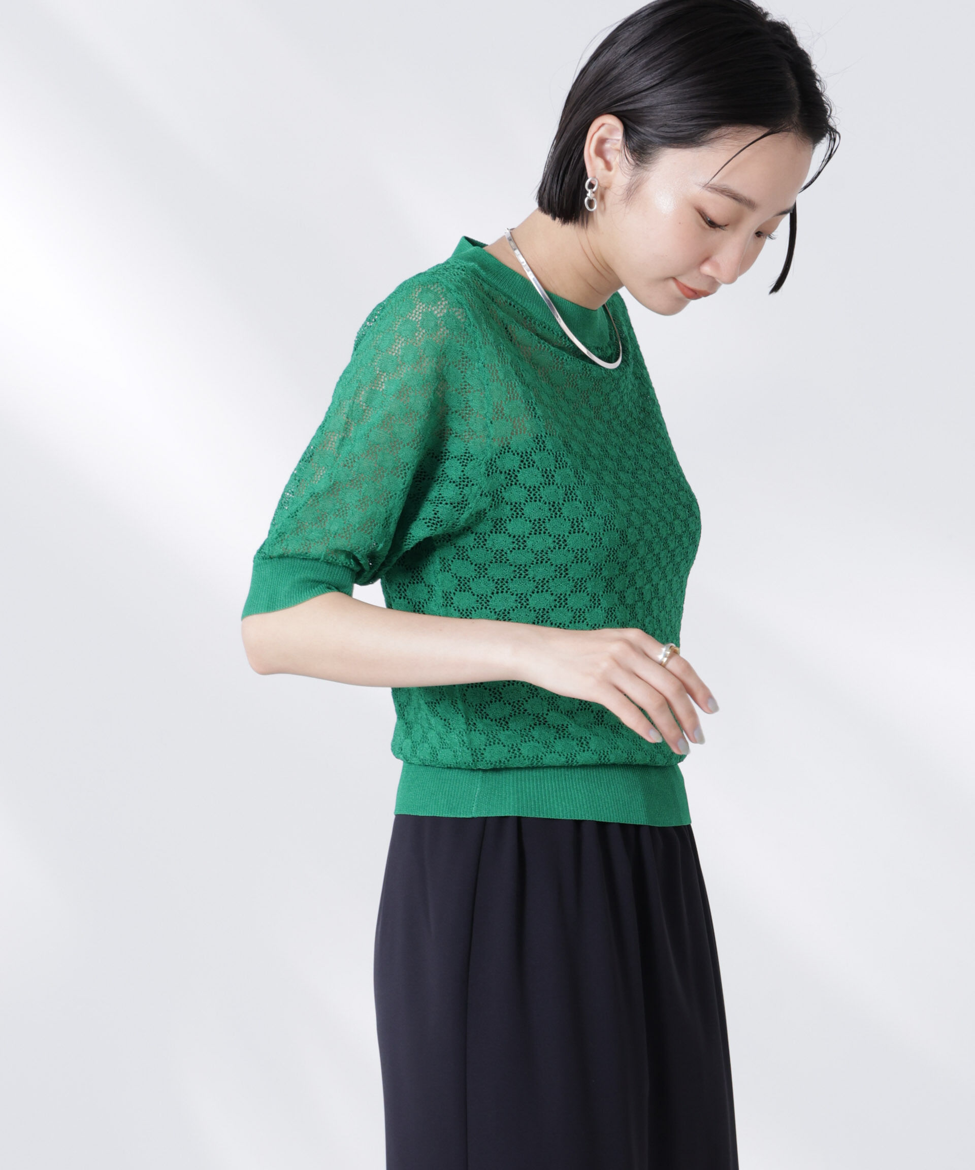 nano･universe「レース柄クルーネック半袖ニット」|ニット・セーター|