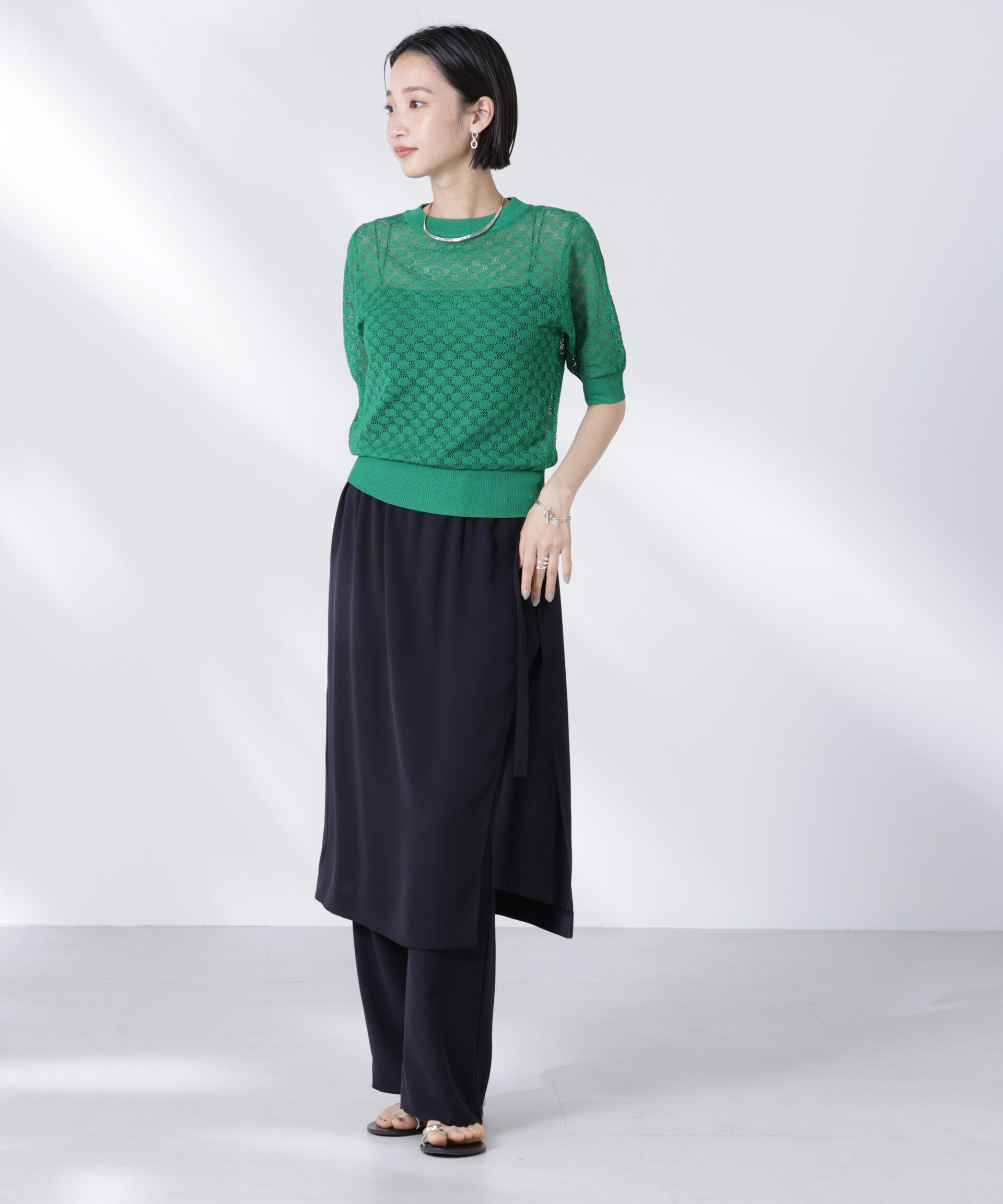 nano･universe「レース柄クルーネック半袖ニット」|ニット・セーター|