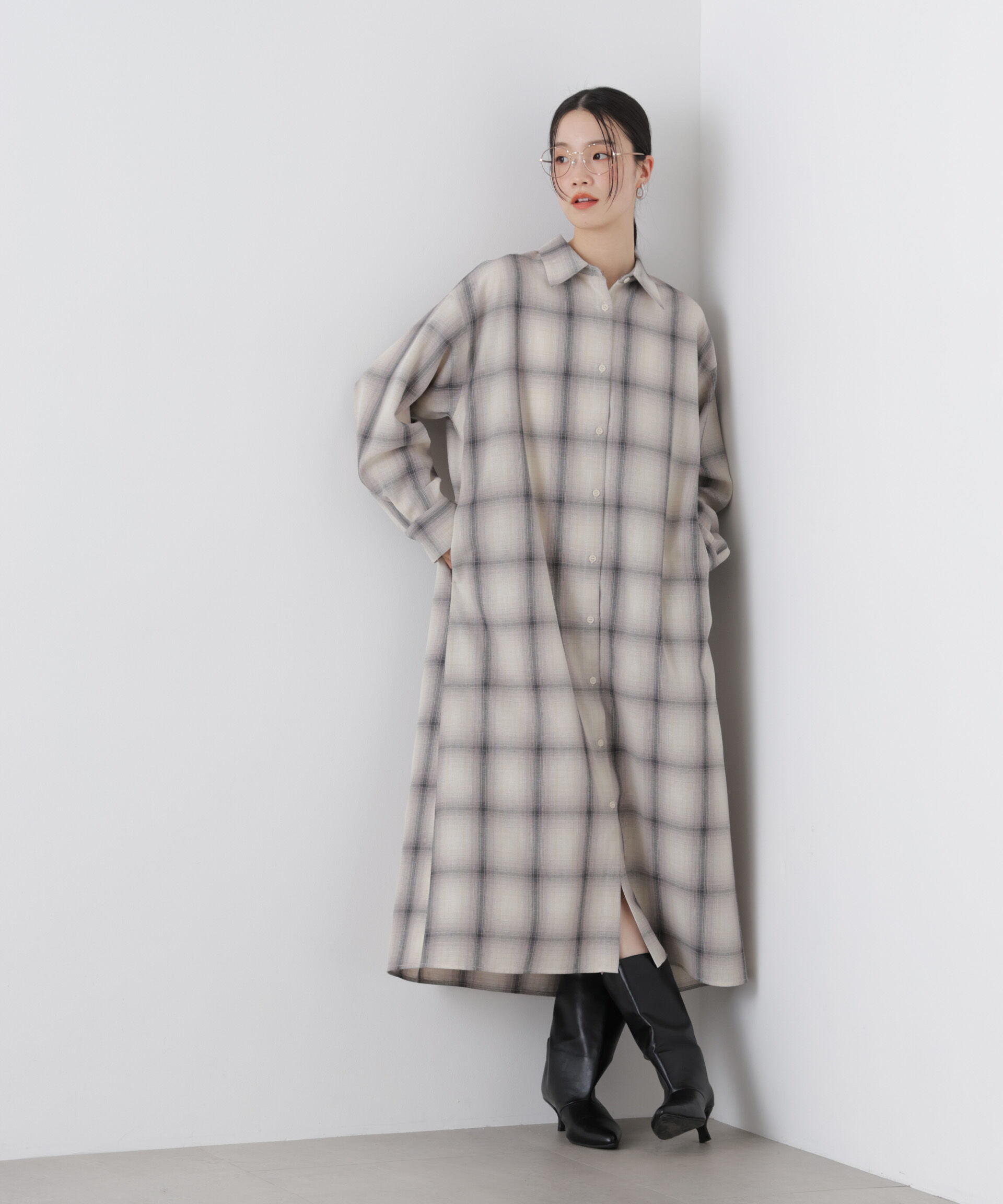 nano･universe「オンブレーツイルチェックシャツワンピース」|ワンピース|