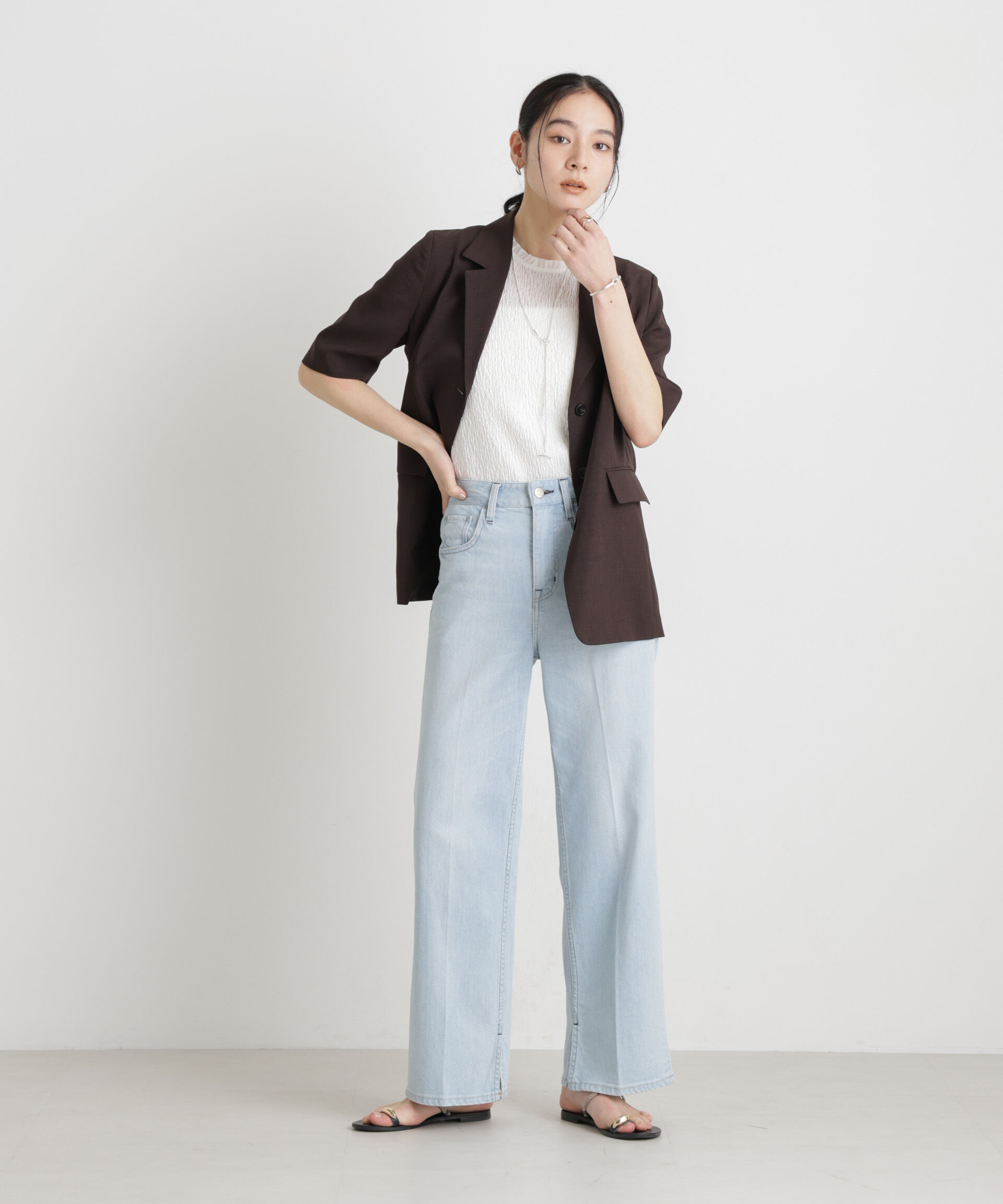 nano･universe「メランジドライ ハーフスリーブシングルジャケット(セットアップ可)」|テーラードジャケット|