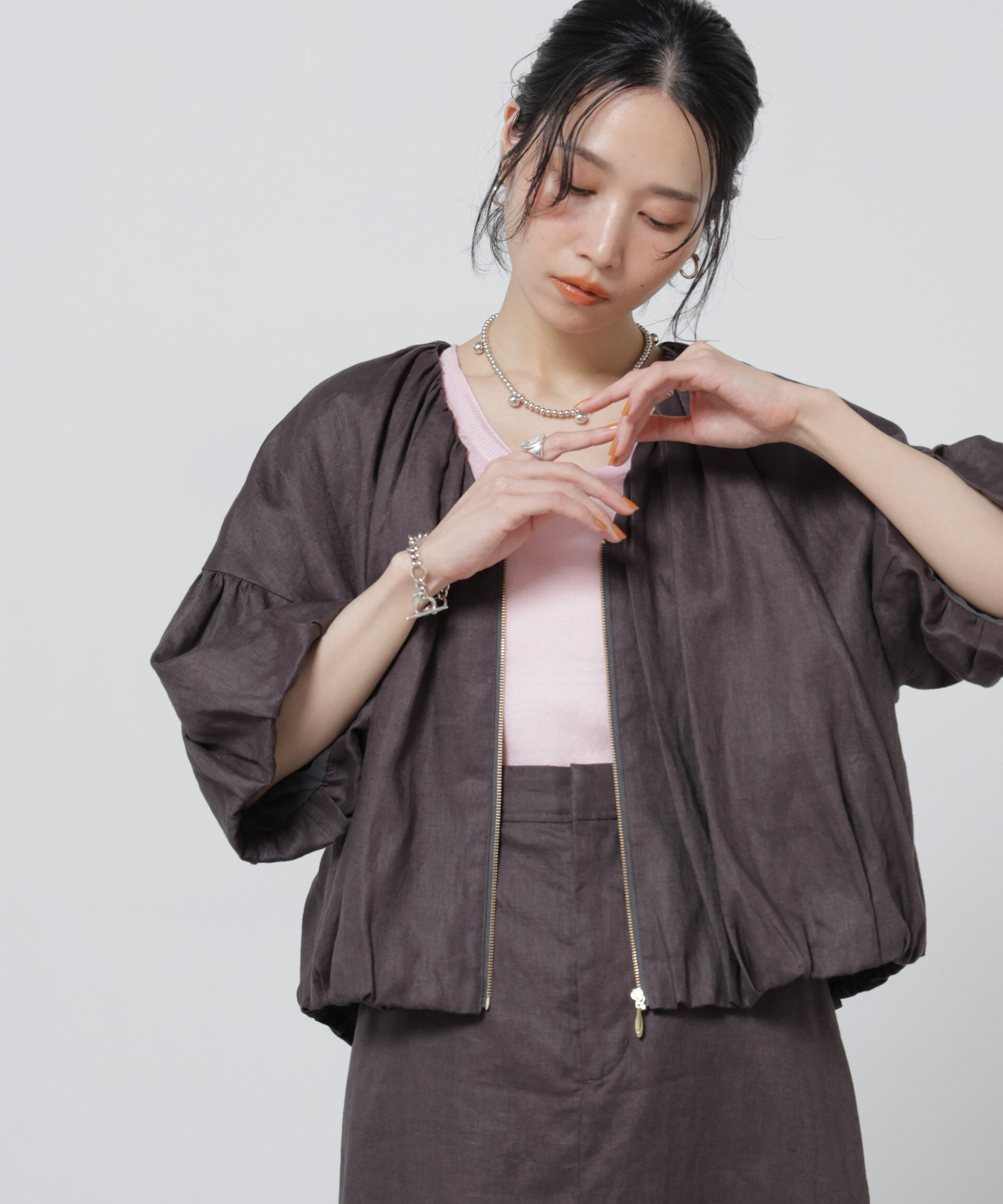 nano･universe「European Flax ギャザーバルーンブルゾン(セットアップ可)」|テーラードジャケット|チャコール3