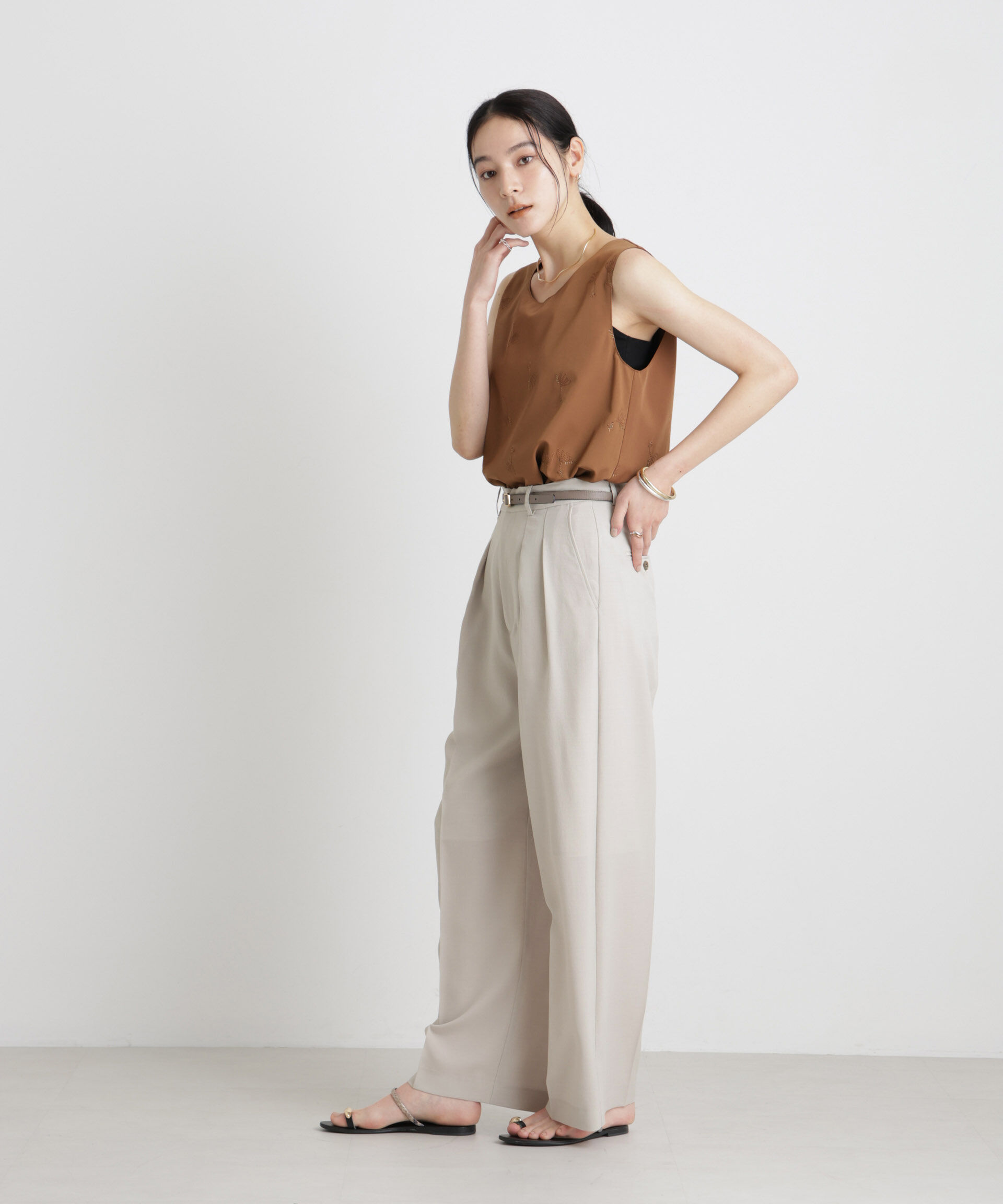 nano･universe「メランジドライ 2タックワイドパンツ(セットアップ可)」|チノ|