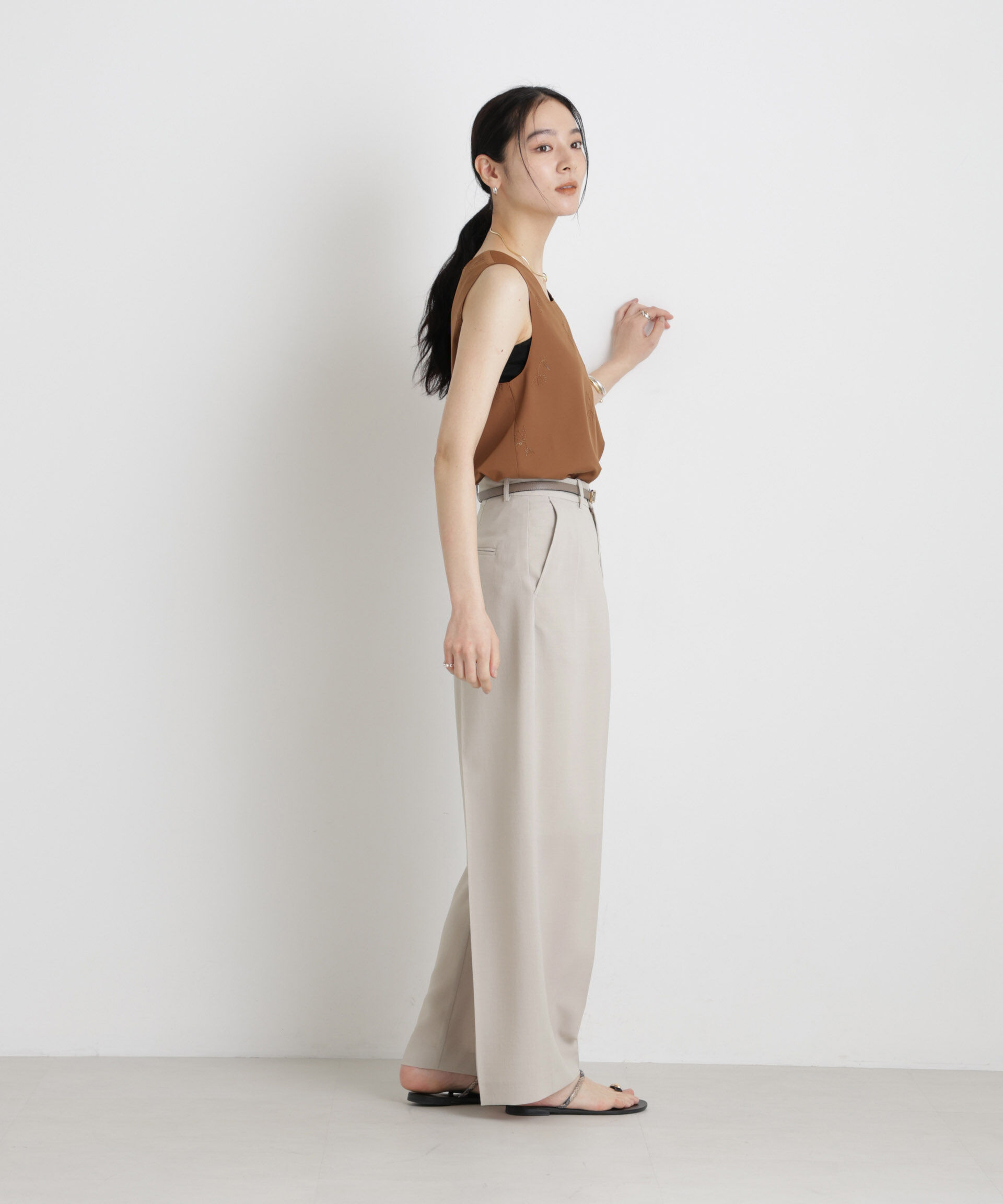 nano･universe「メランジドライ 2タックワイドパンツ(セットアップ可)」|チノ|