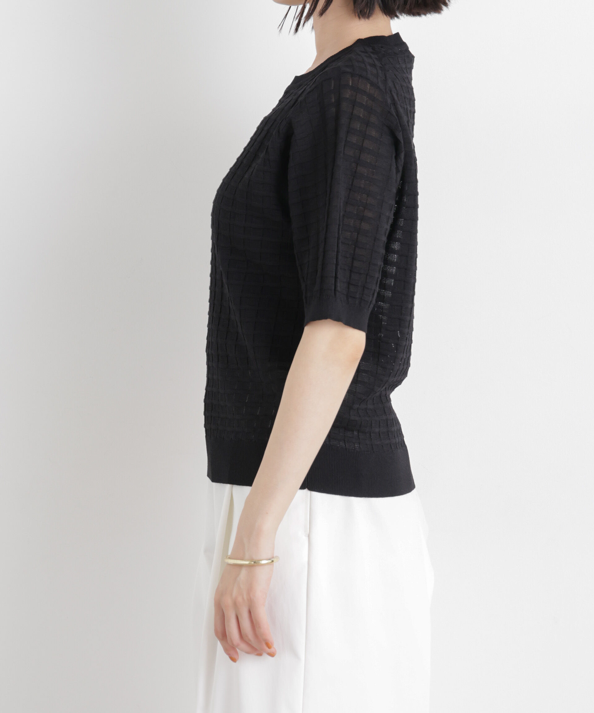 nano･universe「ポコポコスクエア柄クルーネック半袖ニットプルオーバー」|ニット・セーター|